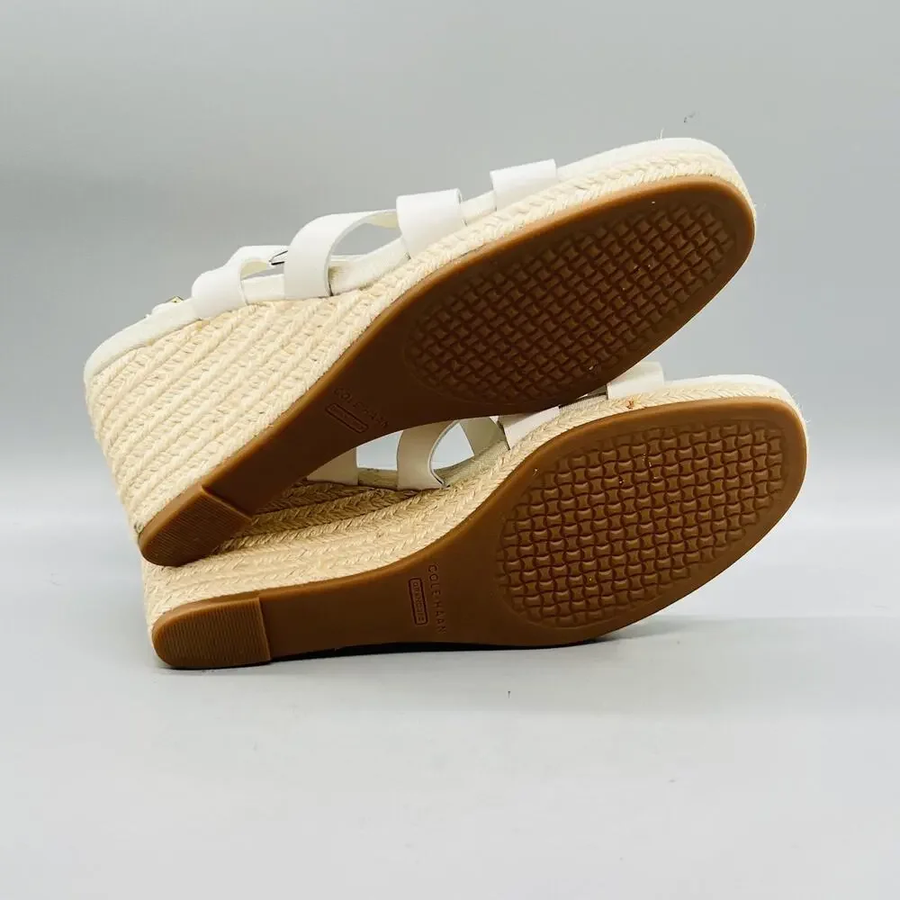 Cole Haan Sandals Women 9 White Leather Strappy Slingback Espadrille Wedge Shoes